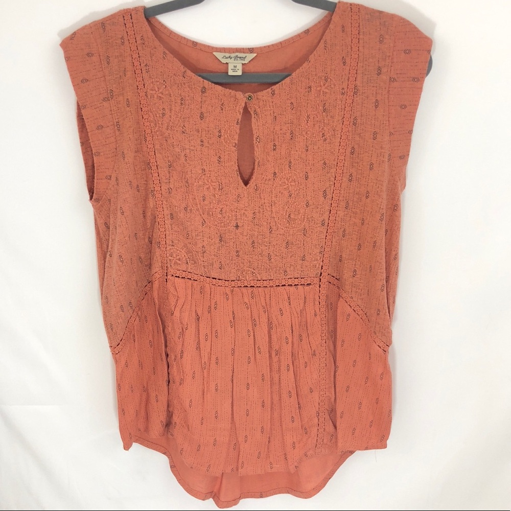Lucky Brand crochet embroidered keyhole blouse